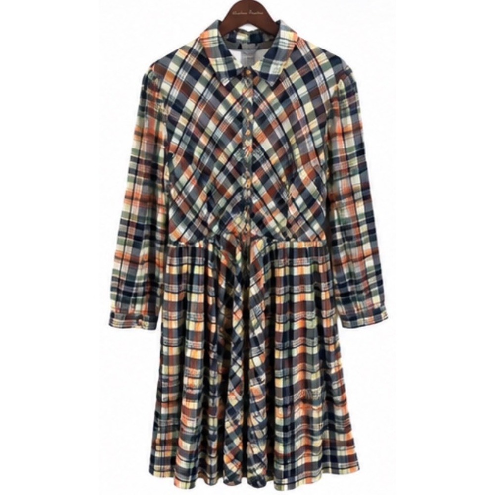eShakti Plaid Midi Dress Women 18 Plus Size Multi Color Button Front Long Sleeve